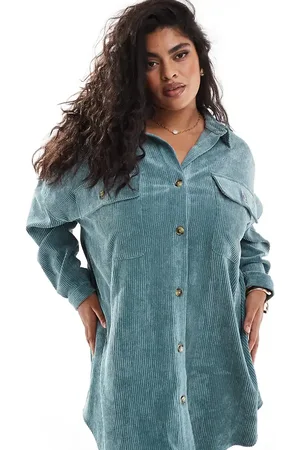 ASOS ASOS DESIGN curve cord oversized shirt dress with drop pocket in sea