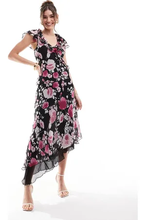ASOS Flutter sleeve ruffle midi dress in dark floral print