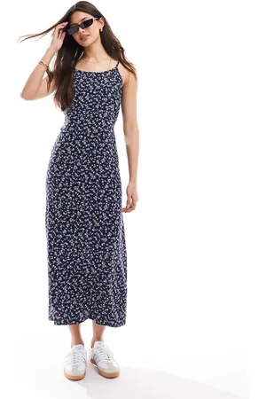 Miss Selfridge Strappy scoop neck midaxi slip sundress in blue ditsy