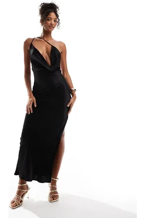 SNDYS Satin strappy back thigh split maxi dress in