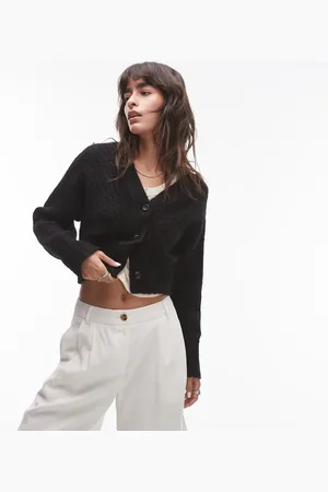 Topshop Knitted ovoid sleeve v-neck cardigan in black