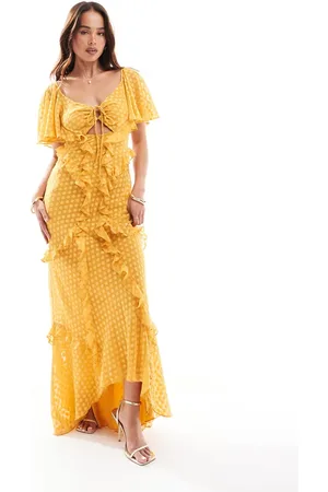 ASOS Flutter sleeve ruffle maxi dress with cut out detail in textured spot in burnt