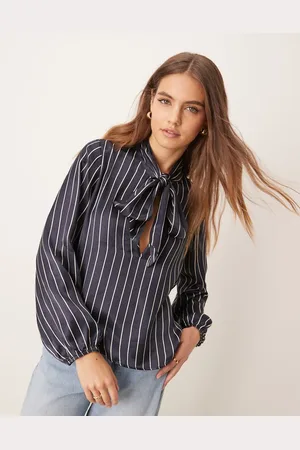 Miss Selfridge Satin bow tie shirt in navy pinstripe
