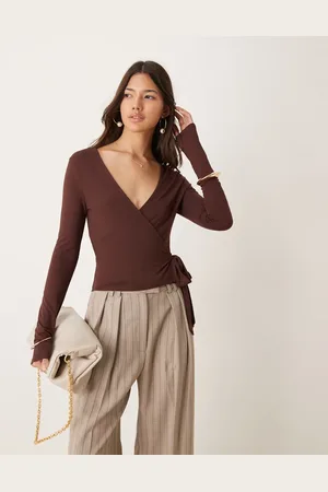 Miss Selfridge Long sleeve jersey wrap top in chocolate