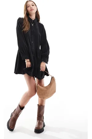 ASOS Cord smock mini dress with peplum hem in black