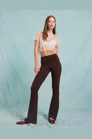 Miss Selfridge Low rise deep fold over waistband flare legging in chocolate