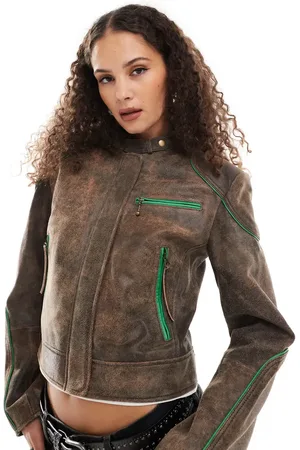 Urban Code Leather boxy racer jacket in and green