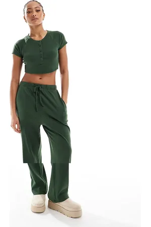 Brave Soul Ribbed cropped t-shirt and wide leg trouser lounge set in khaki