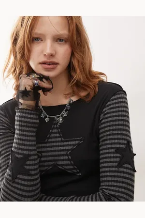 Minga London long sleeve striped star patch top in black and grey