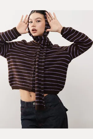 Reclaimed Knitted crew neck cardigan with scarf in chocolate stripe