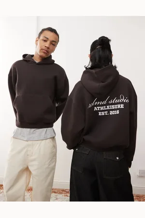 Reclaimed Unisex cropped boxy logo hoodie in chocolate