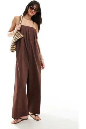 ASOS Pleated square neck wide leg jumpsuit in chocolate