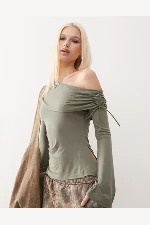 COLLUSION Asymmetric long sleeve bow detail top in khaki