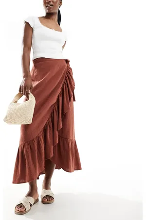 New Look Wrap ruffle midi skirt in terracotta