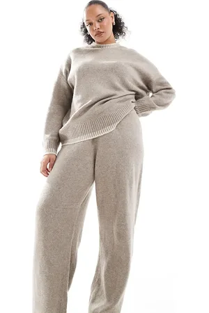 ONLY Knitted wide leg trousers co-ord with stitch hem detail in beige