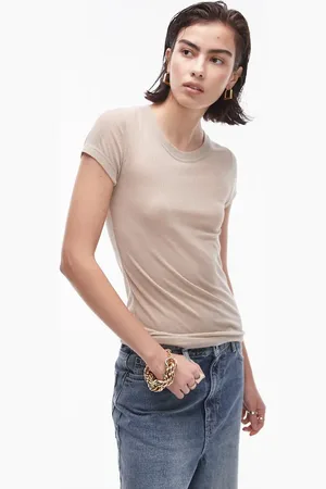Topshop Premium rib sheer longline tee in natural