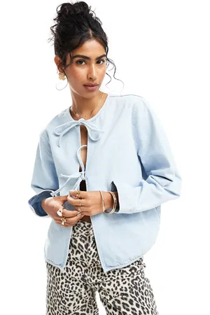 ASOS Denim long sleeve tie front top in bleach