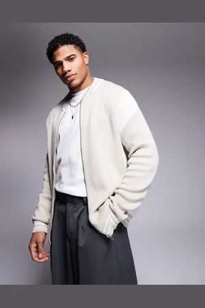 ASOS Relaxed knitted bomber in stone colour block