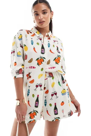 ASOS Co-ord linen mix oversized shirt in holiday print