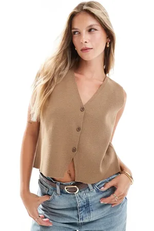 ASOS Knitted compact v neck waistcoat in mocha