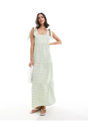 Miss Selfridge Tiered gingham maxi dress with tie shoulders in sage