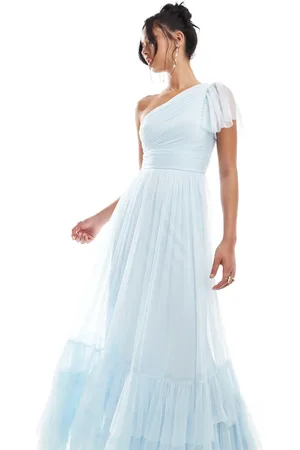 Lace & Beads Bridesmaid Madison one shoulder tulle maxi dress in sky