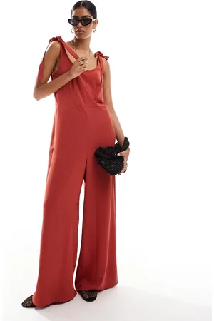 ASOS Cupro scoop neck wide leg jumpsuit with tie details in terracotta