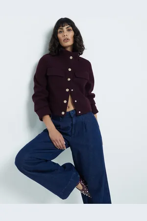River Island Funnel neck short jacket in burgundy