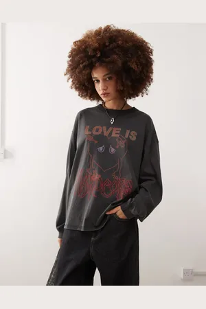 Monki Long sleeve t-shirt with love is hardcore print in grey