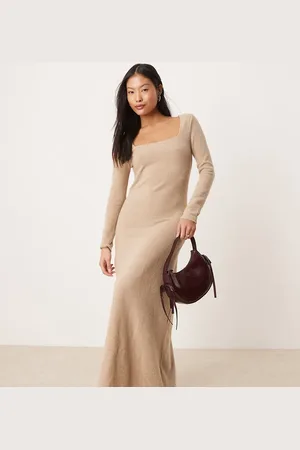 VILA Long sleeve square neck knitted maxi dress in camel