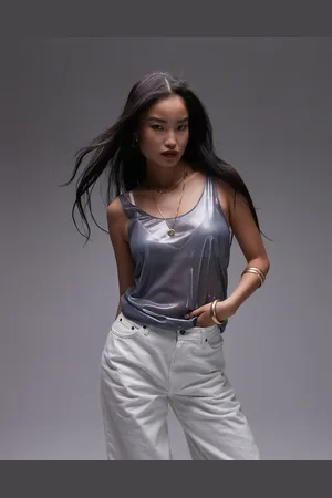 Topshop Sheer metallic tank in charcoal