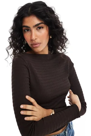 Miss Selfridge Textured jersey slash neck long sleeve top in chocolate