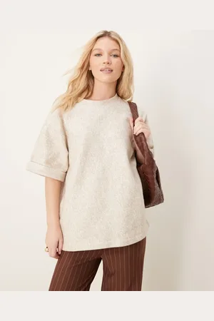 ASOS Oversized boucle t-shirt with turnback hem sleeve in beige