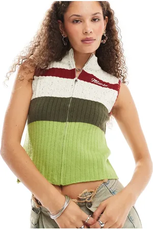 Daisy Street Knitted zip up vest with funnel neck in vintage stripe