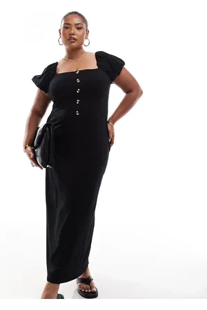 ASOS ASOS DESIGN Curve square neck midi dress with puff sleeve and button front in