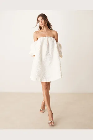 Y.A.S Off shoulder puff sleeve structured jaquard mini dress in gardenia
