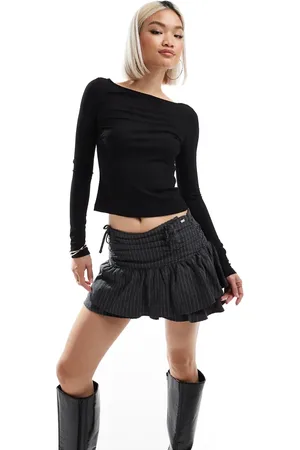 Pull&Bear Bow detail pinstripe mini skirt in dark