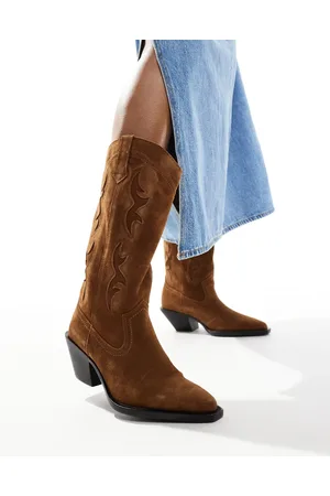 Stradivarius Real suede heeled cowboy boot in beige