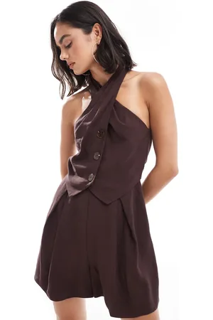 ASOS Twist neck button through playsuit in chocolate