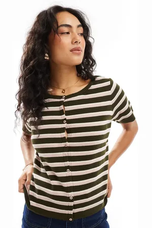 ASOS Knitted short sleeve cardigan in khaki retro stripe