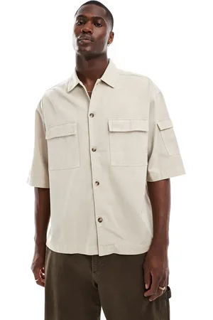 ASOS Boxy oversized shirt with utility pockets in stone