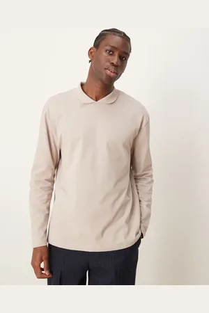 ASOS Relaxed long sleeve polo with crew neck polo collar in stone