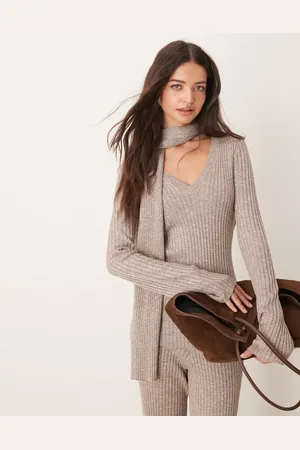 Pretty Lavish V neck ribbed top with scarf co-ord in