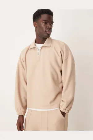 ASOS Co-ord oversized dropped shoulder polo jumper in brush back waffle in beige