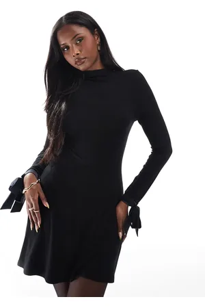 Miss Selfridge Satin bow detail high neck flare dress in