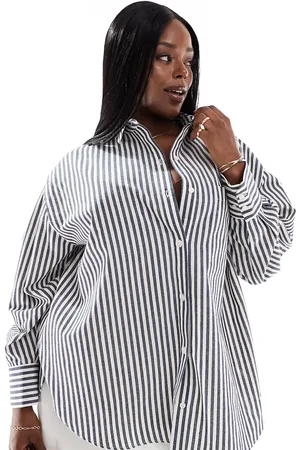 ASOS ASOS DESIGN Curve oxford shirt in linen look navy stripe