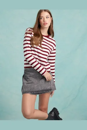 Miss Selfridge Long sleeve t-shirt in burgundy stripe