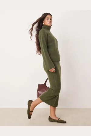 VILA Knitted midi skirt co-ord in khaki