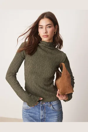 Gina Tricot Textured funnel neck long sleeve top in khaki olive