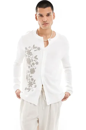 ASOS Knitted crew neck cardigan in ecru with brown floral embroidery